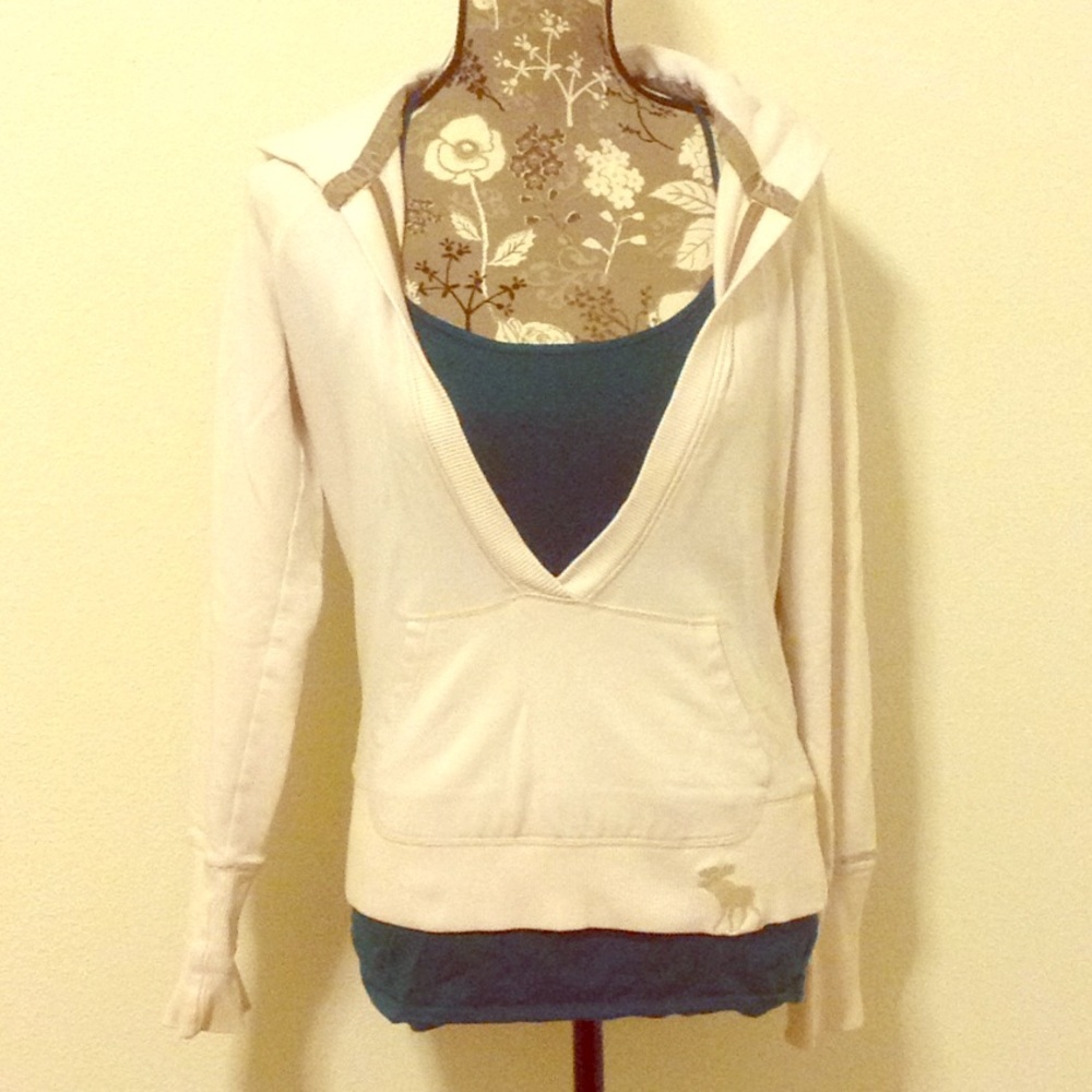 Cream deep V-neck hooded sweatshirt
