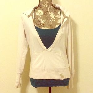 Cream deep V-neck hooded sweatshirt