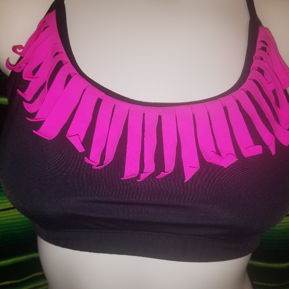 Trendy Trends Black w/pink fringe Crop Top NWOT