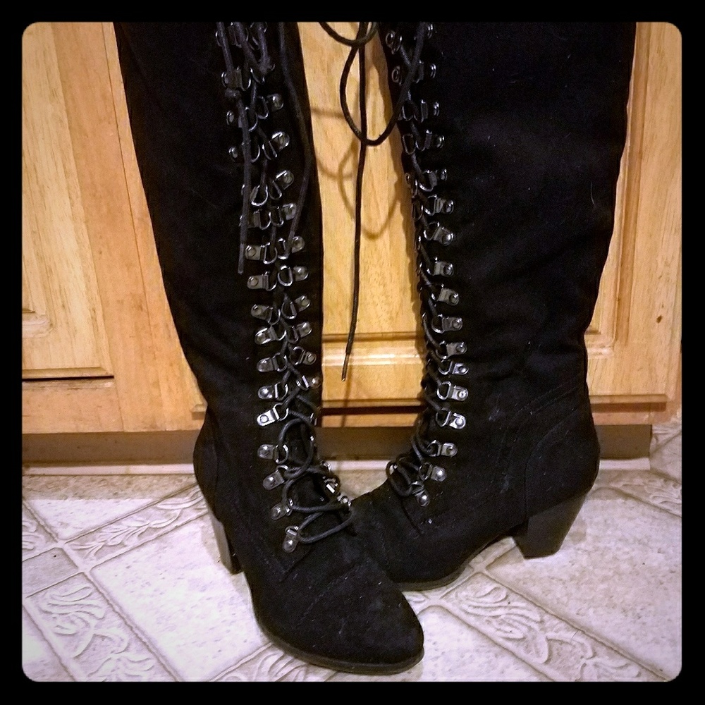 Black knee high laced boots size 8
