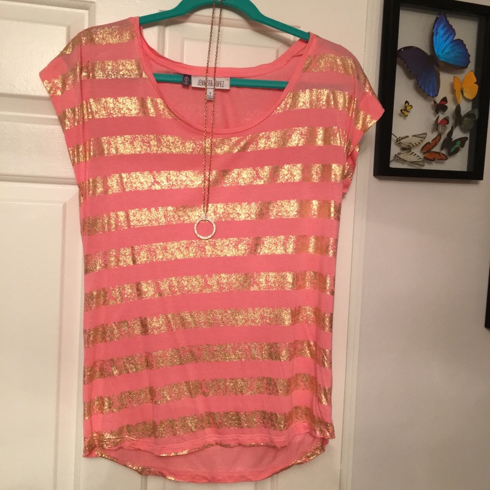 Jennifer Lopez Glam Pink & gold striped dressy Tee