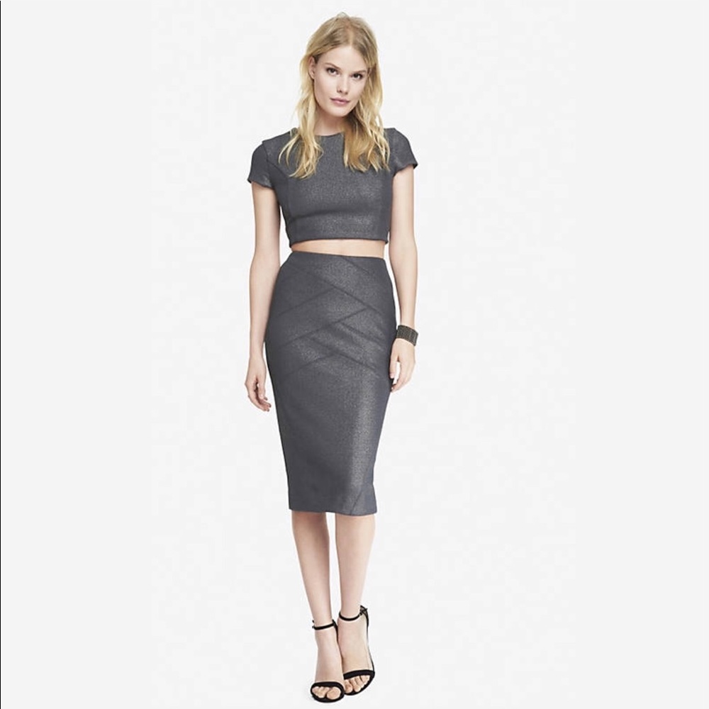 Gunmetal Metallic Crop Top & Skirt