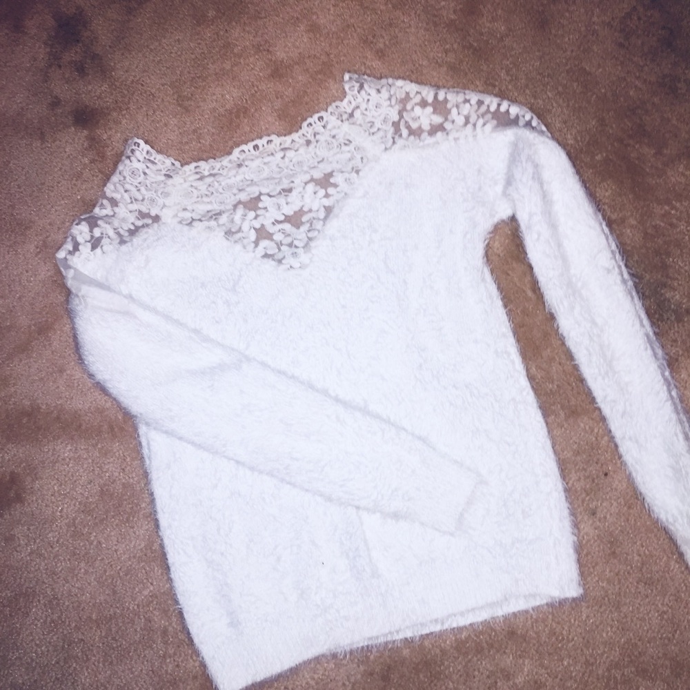 White lace, fuzzy sweater