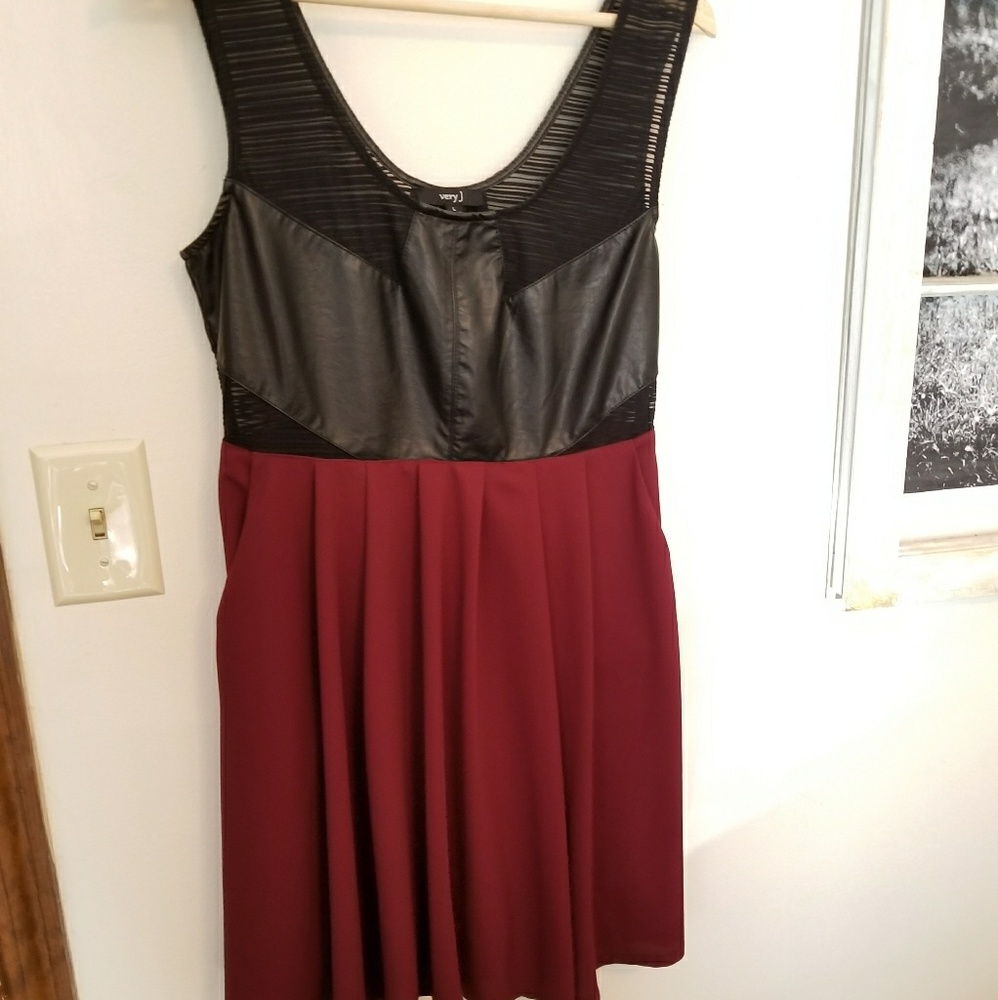 Very J Faux Black Leather Detail Top Maroon Dress