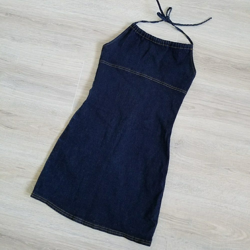 Denim halter dress,stretchable-dark blue