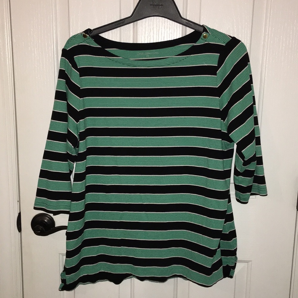Blue green/black/white striped top