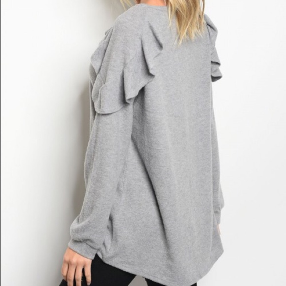 Gray Ruffle Shoulder Soft Sweatshirt Sweater Top - Picture 4 of 5