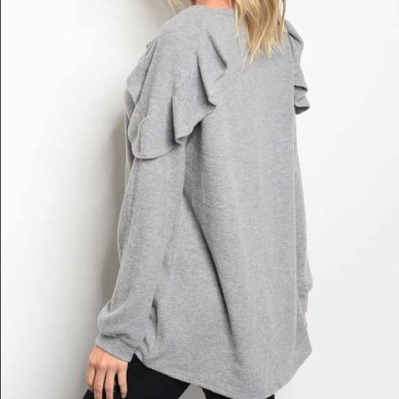 Gray Ruffle Shoulder Soft Sweatshirt Sweater Top - Picture 4 of 5