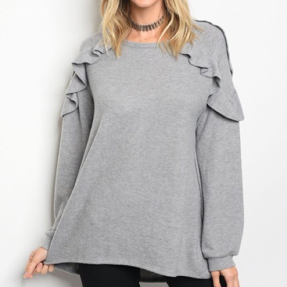 The Luxe Bohemian Tops - Gray Ruffle Shoulder Soft Sweatshirt Sweater Top