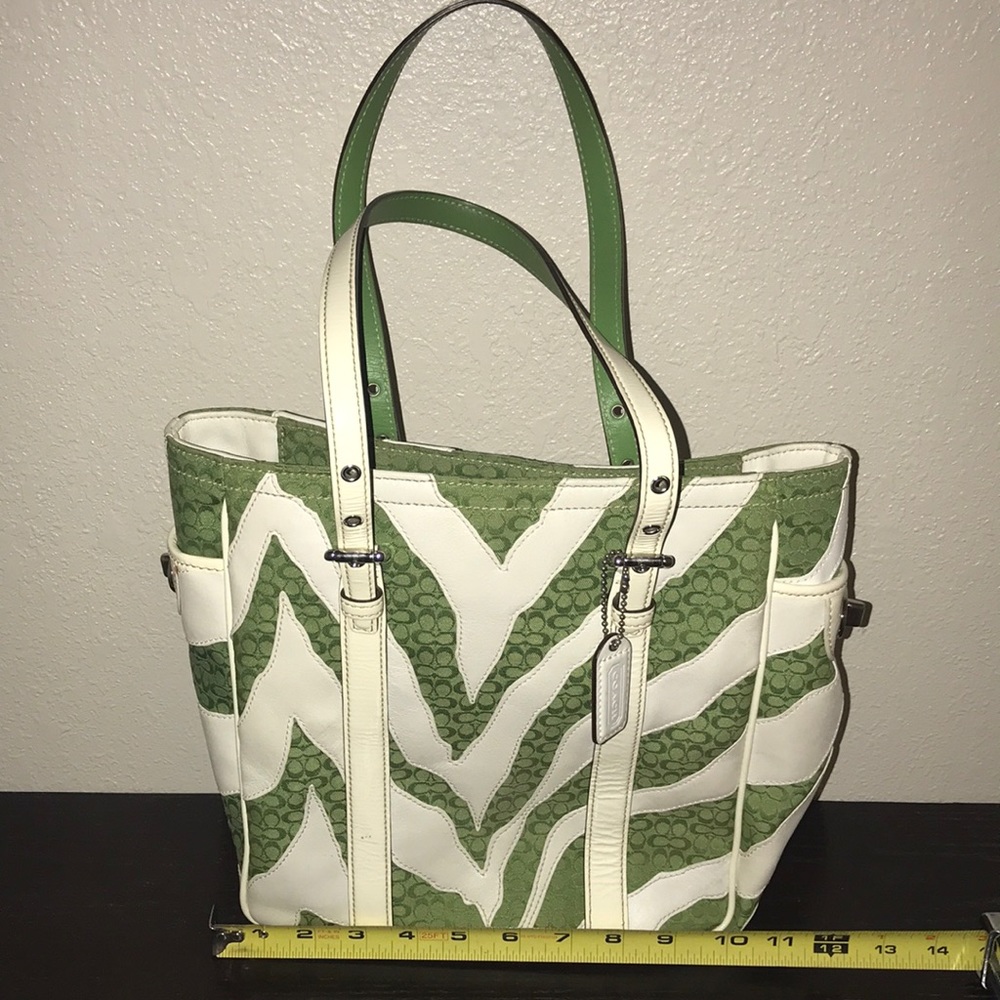 Coach green and white zebra print purse
