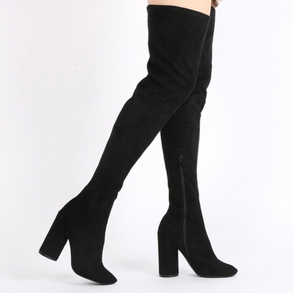 Black Suede Thigh High Boots Chunky Heel