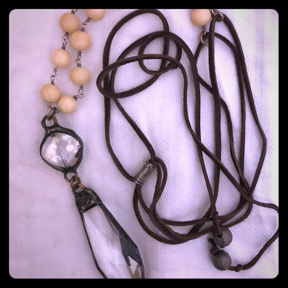 Crystal arrow and leather long statement necklace