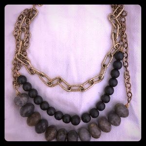 Three strand grey quart and gold necklace