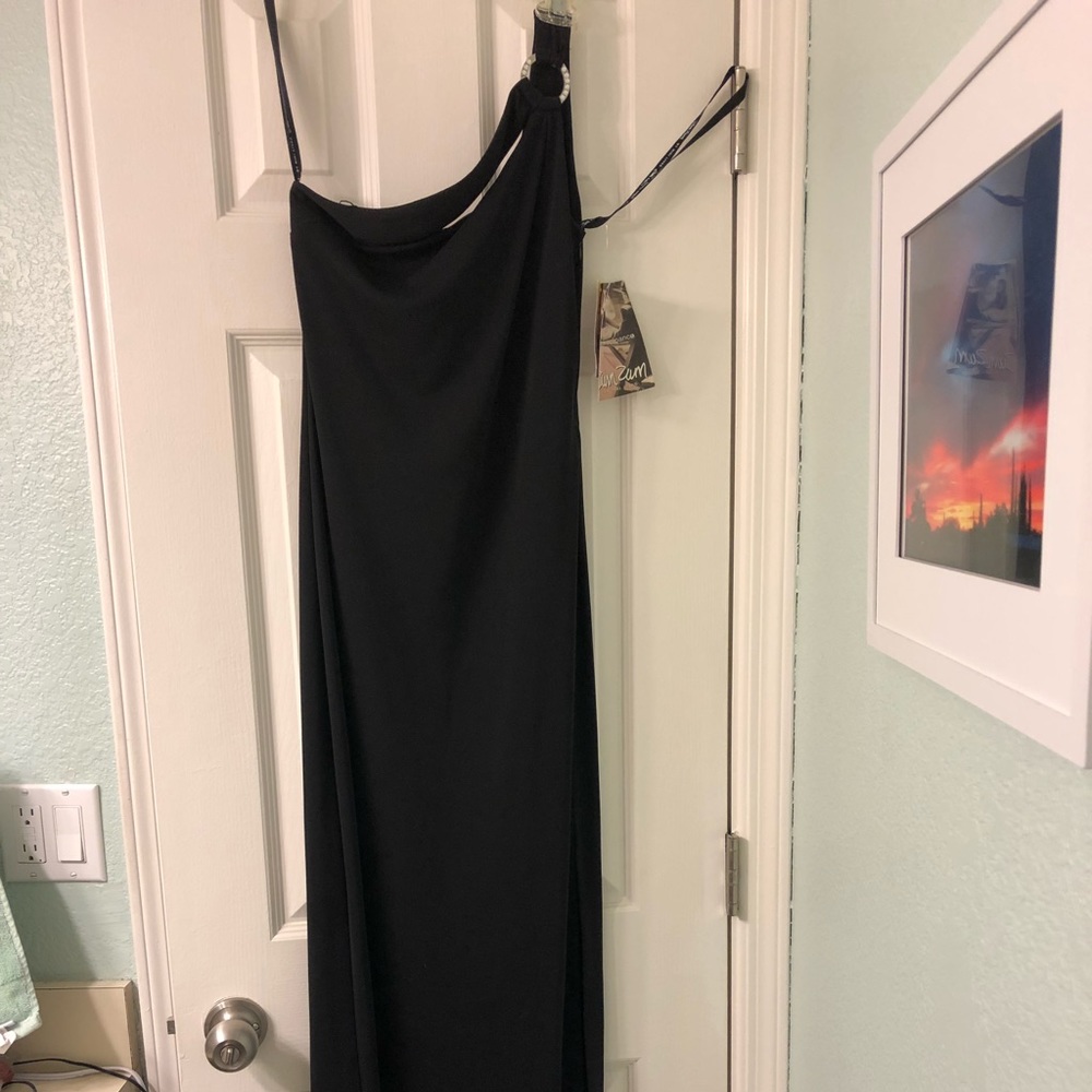 Floor length one strap black dress, w/ rhinestones