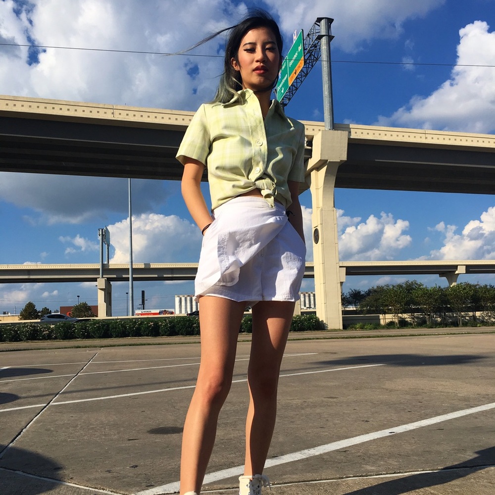 Green and white plaid button up top