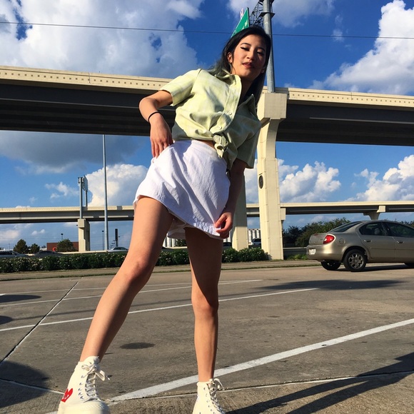 Green and white plaid button up top - Picture 3 of 4