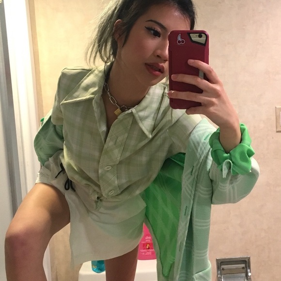 Green and white plaid button up top - Picture 2 of 4