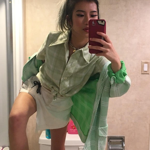 Green and white plaid button up top - Picture 4 of 4