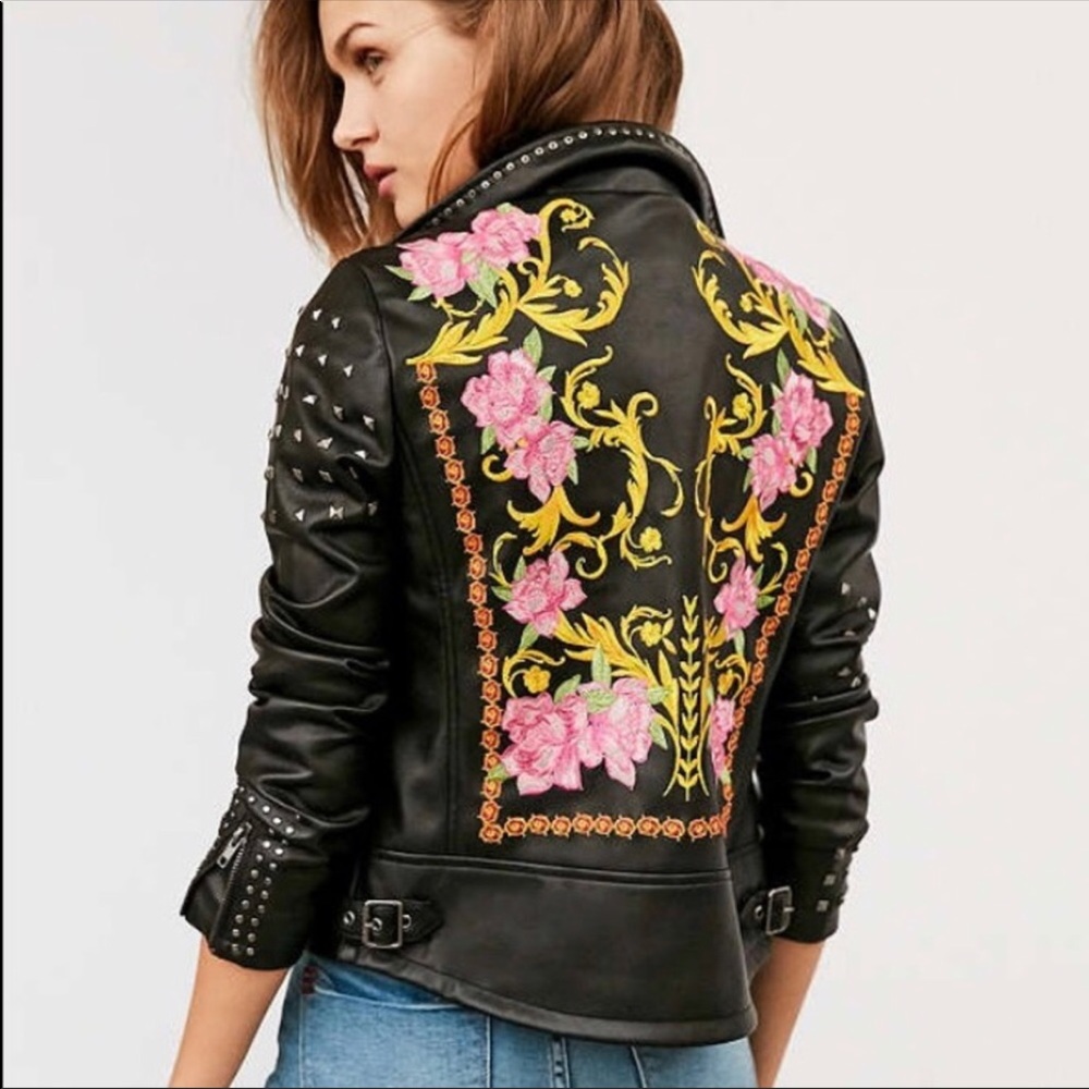 FAUX LEATHER EMBROIDERED moto jacket 🧥 ✔️🖤🔥