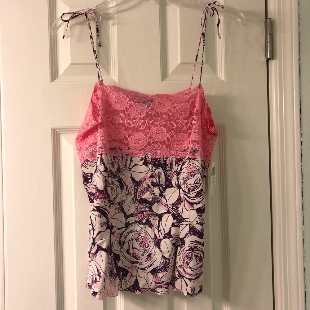 Lace and floral print silk top