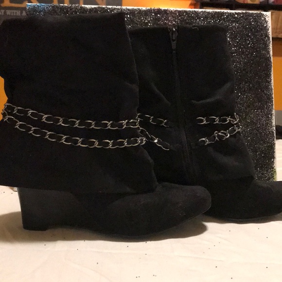Black suede folder over wedges with chains... - Picture 2 of 3