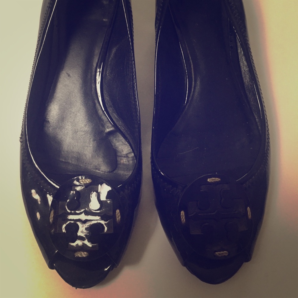 Tory Burch black patent peep toes