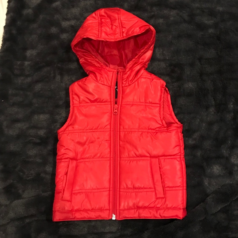 Red puffy hooded vest