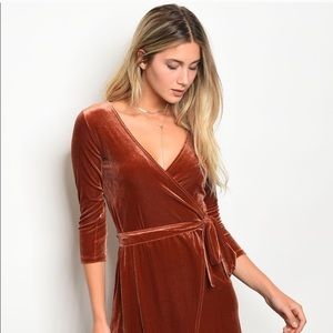 Burnt Orange Asymmetrical Velvet Wrap Dress