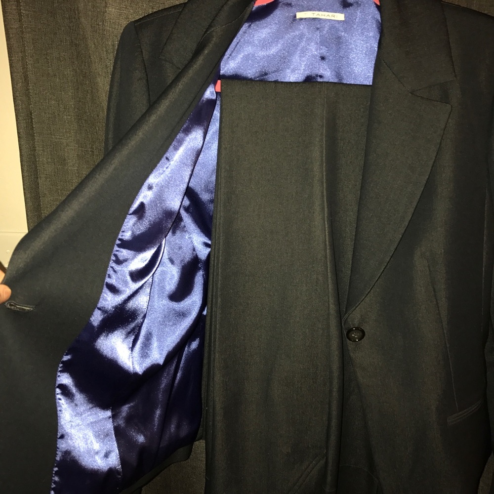 Tahari Two Piece Black Suit With Blue Lining