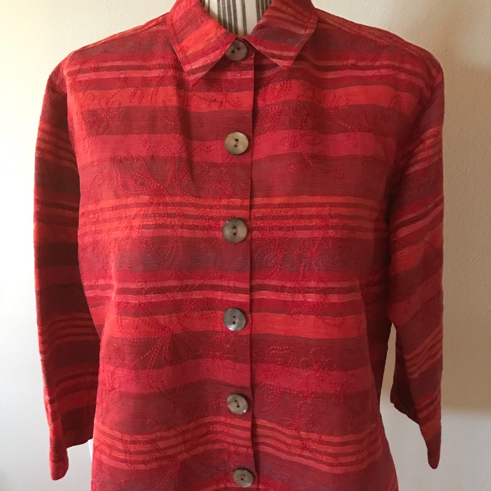 Chico’s Design Red Jacket Raised Floral Silk Linen