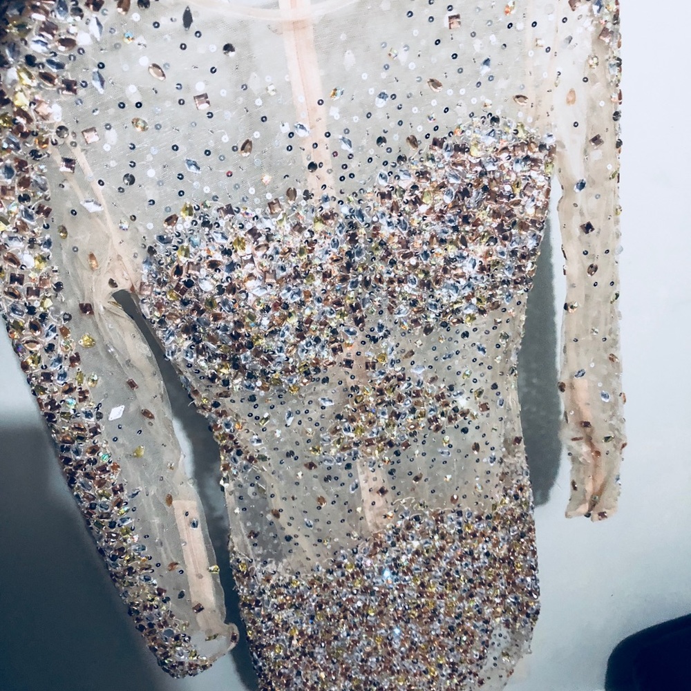 Crystal studded shiny dress embroidered w/diamonds