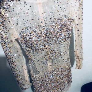 Crystal studded shiny dress embroidered w/diamonds