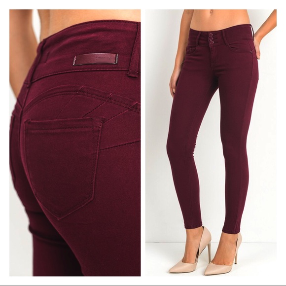 Dark burgundy butt lifting skinny mid-rise jeans - Picture 4 of 6