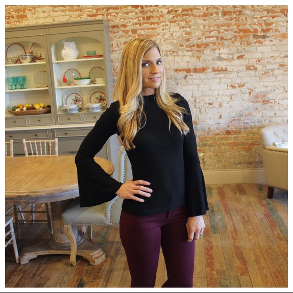 Black bell sleeve tie back soft ribbed knit top - Picture 2 of 5