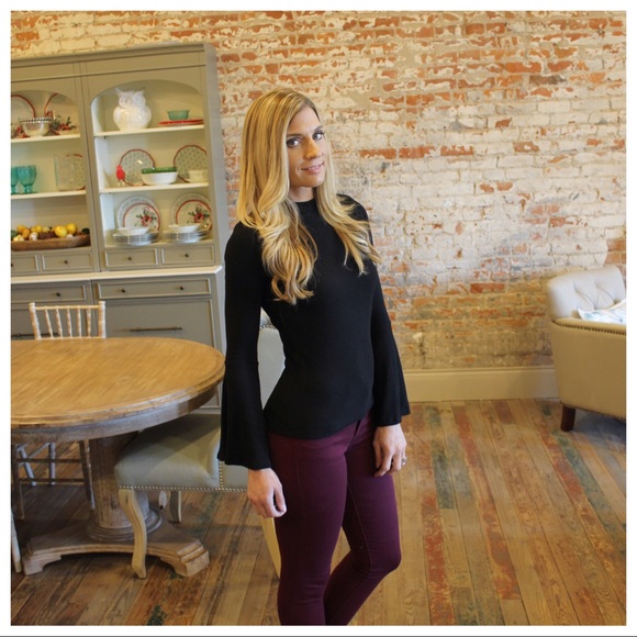 Black bell sleeve tie back soft ribbed knit top - Picture 3 of 5