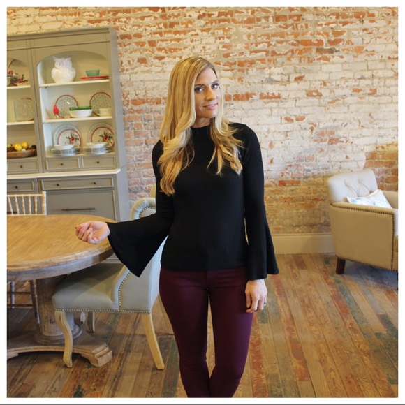 Black bell sleeve tie back soft ribbed knit top - Picture 4 of 5