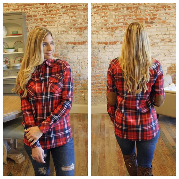 ✨LAST ONE ✨Red plaid flannel with elbow patches - Picture 2 of 5