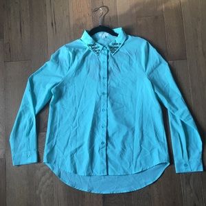 TJ Maxx Sheer Aqua Studded Collared Blouse