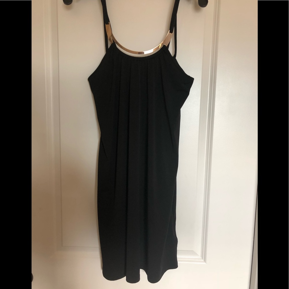 Black Venus dress with gold neckline accent