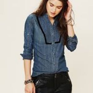 Free People Chambray Velvet Trim Button Down