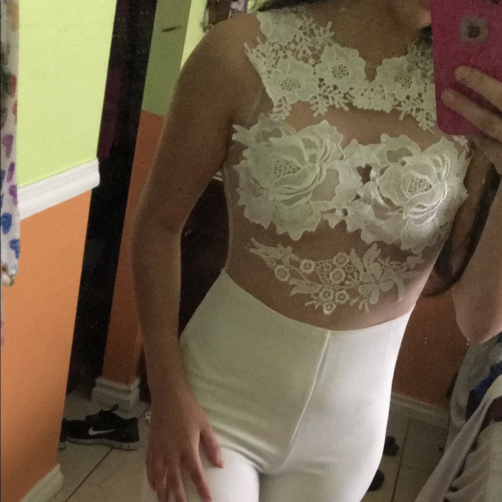 White, lace, mesh jumpsuit