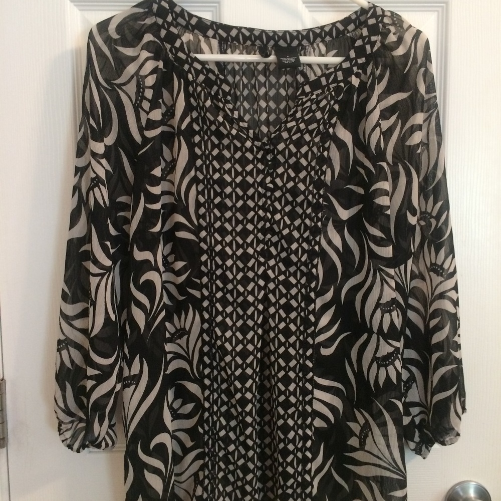 New Direction Womens Sheer Black White Blouse Sz L