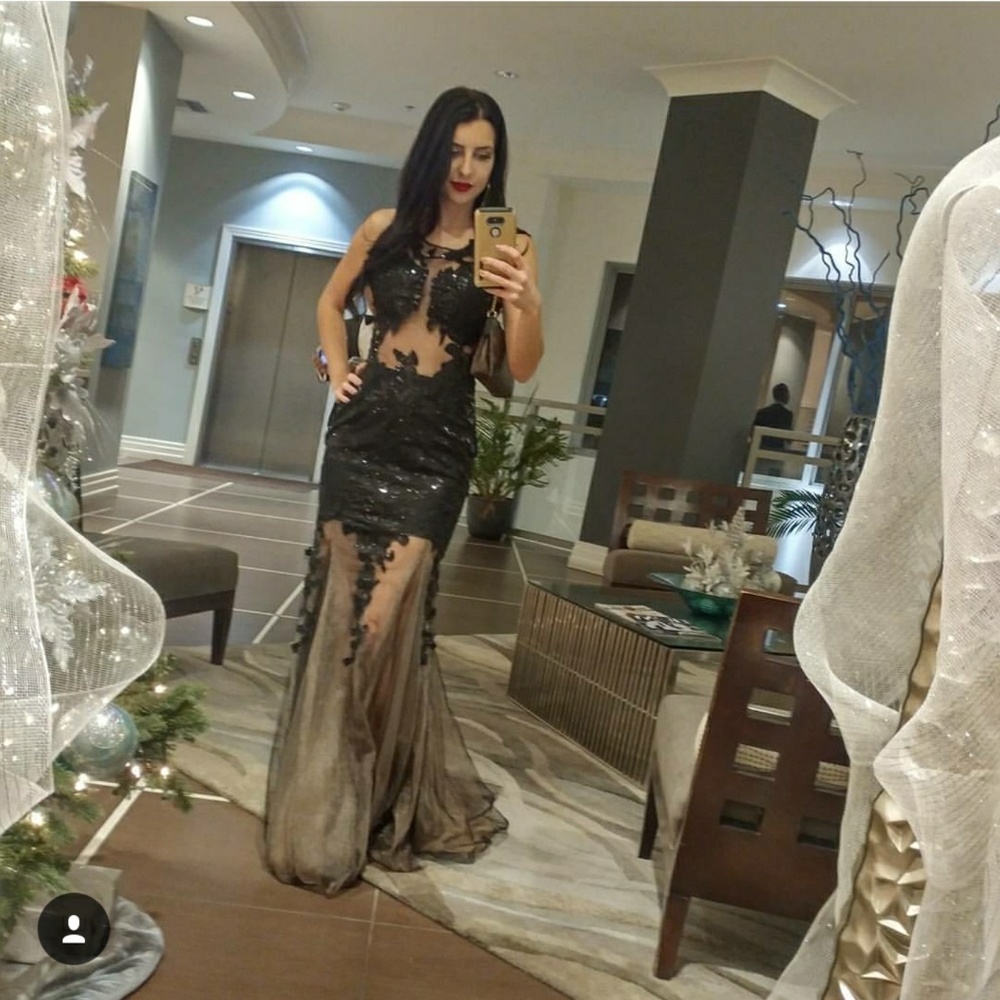 Black sequin lace detail evening gown