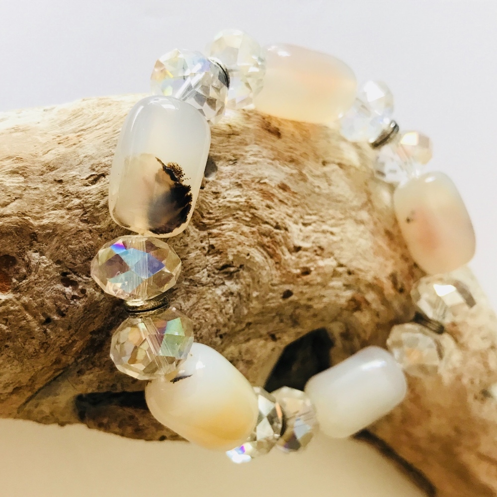 Natural Dendritic Agate Gem Stone Stretch Bracelet