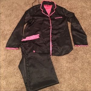 Betsey Johnson Silk Black Pink PJ Pajamas L Bow