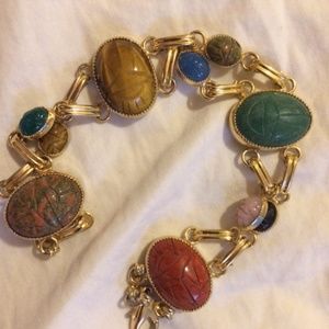 Vintage 80's Scarab Stones Goldtone Link Bracelet