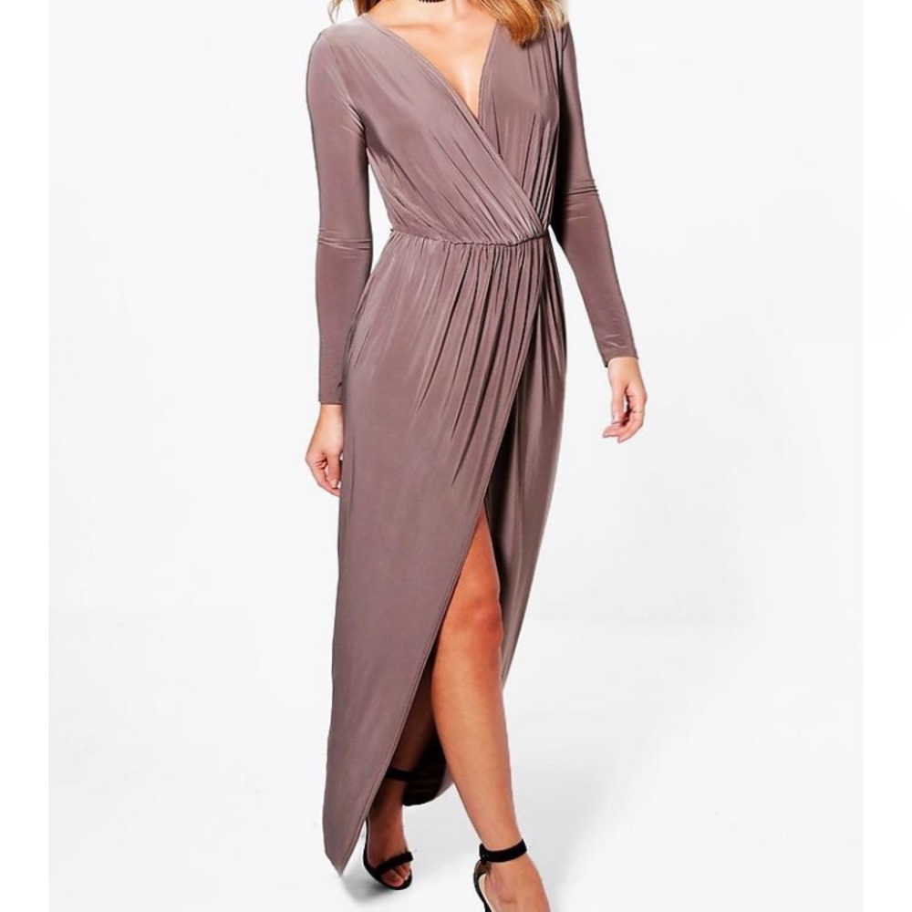 Boohoo High Low Dress-Mocha- Polyester