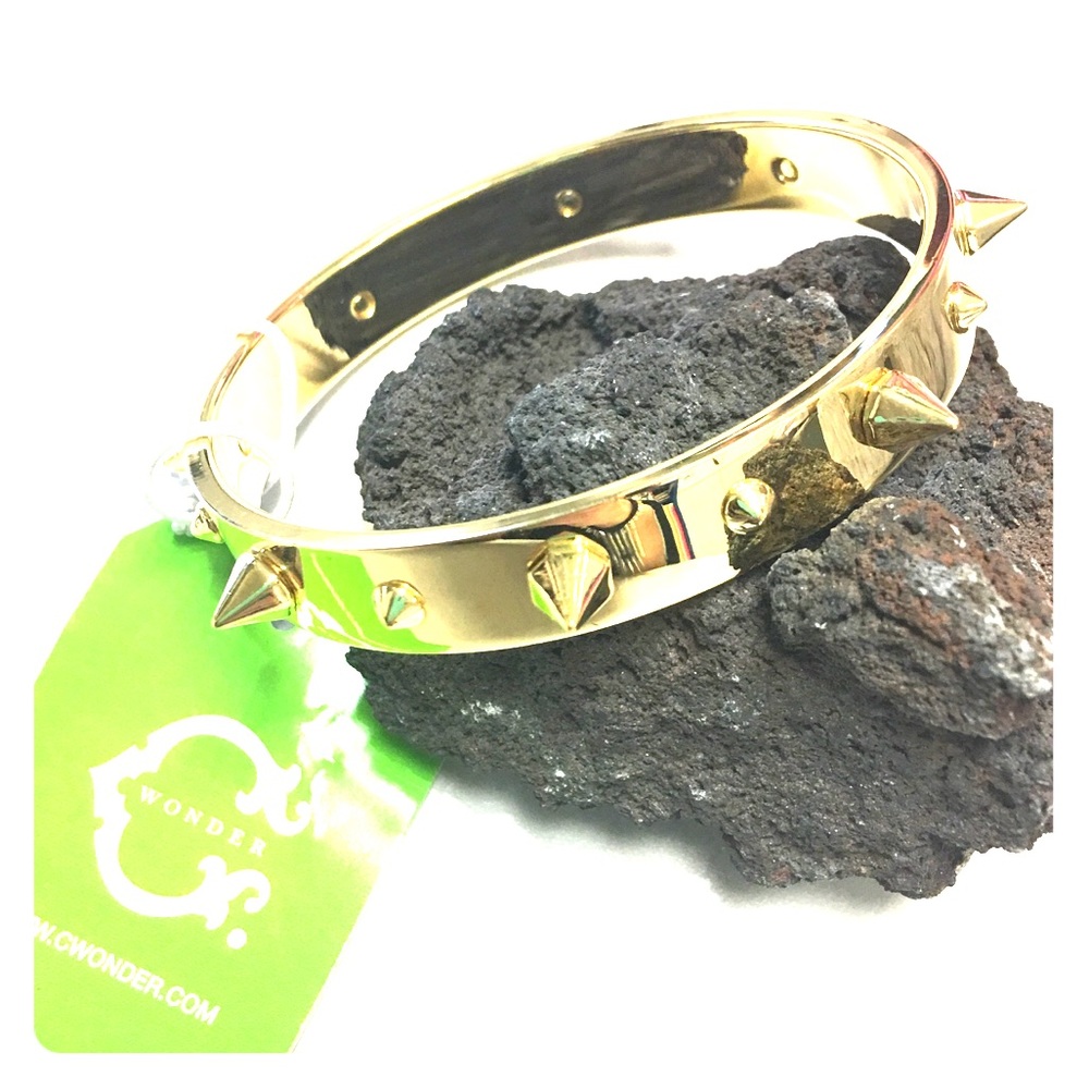 C Wonder Faceted Punk Spike Bangle Bracelet- Gold