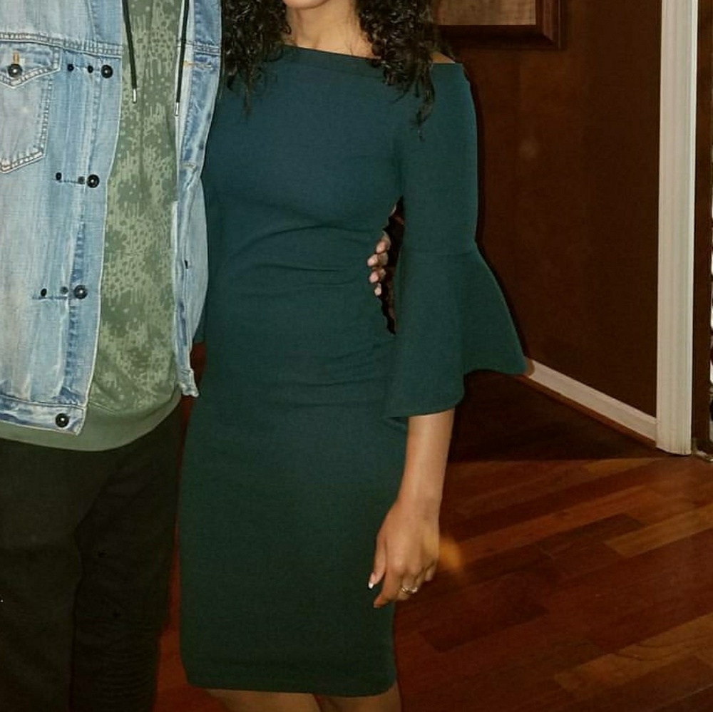 Hunter Green off the shoulder bell sleeve dress