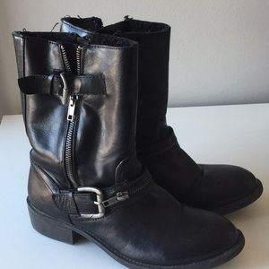 Black leather buckle ankle boots